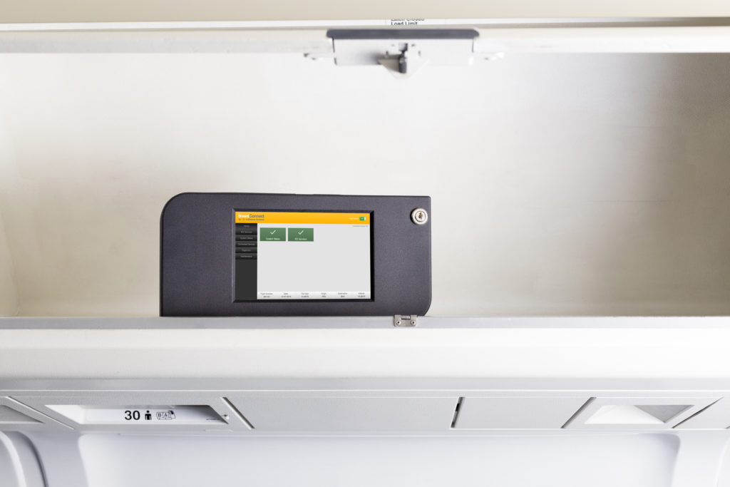 The BoardConnect Portable box sits in the overhead bin. Image: Lufthansa Systems
